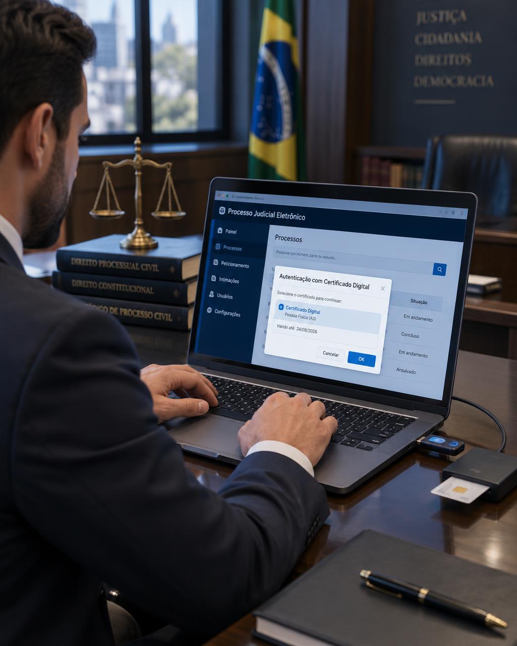 Advogado em escritório com livros jurídicos e balança da justiça