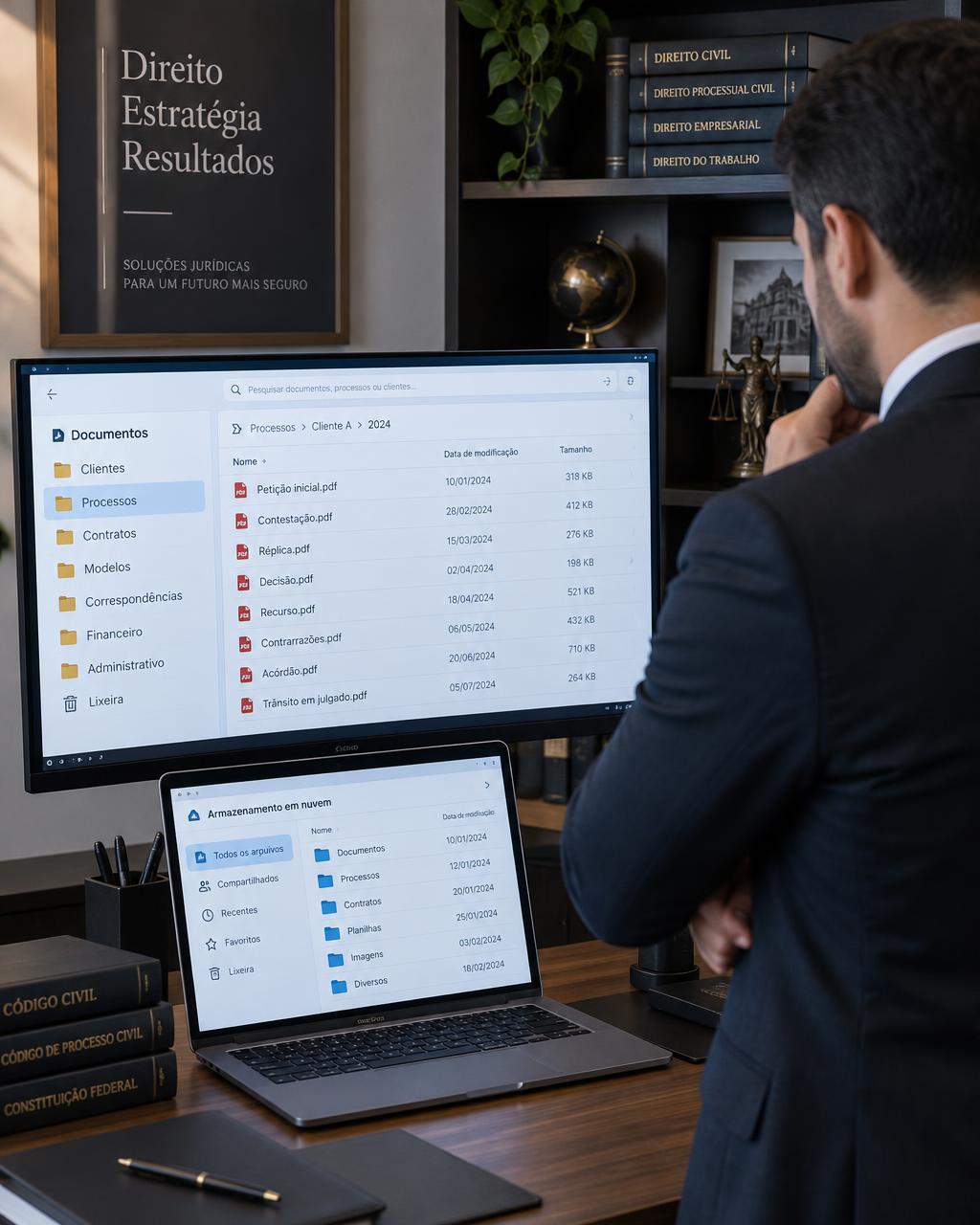 Advogada acompanhando documentos digitalizados em tela grande no escritório