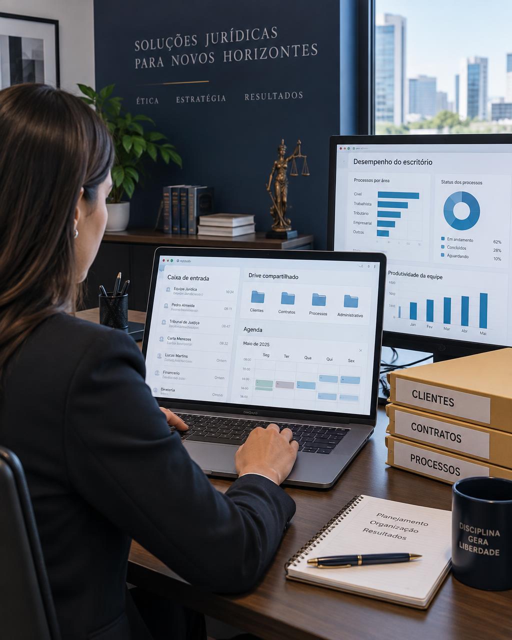 Profissionais analisando indicadores de gestão em um notebook