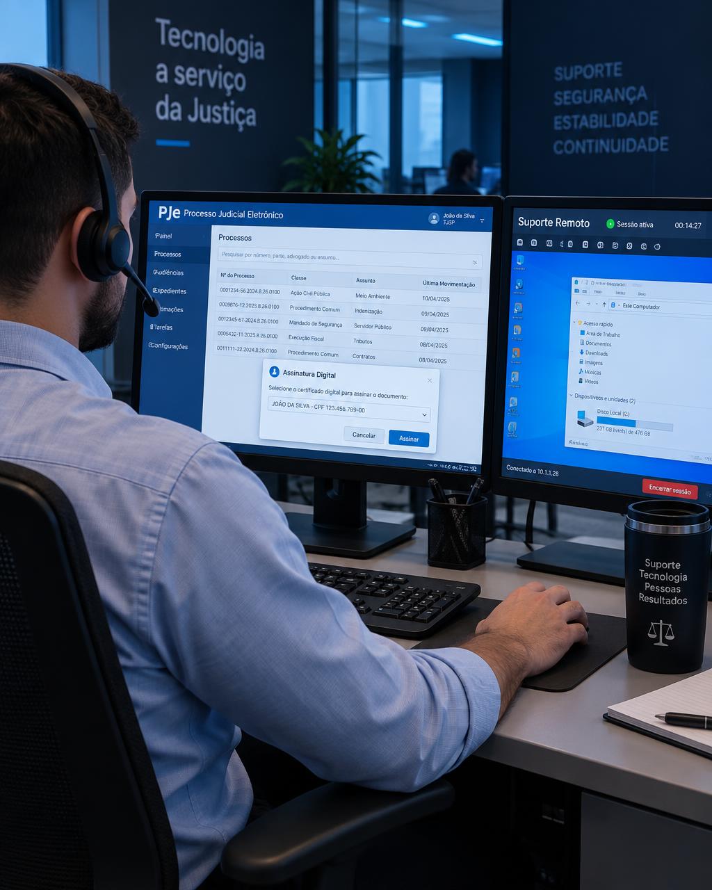Especialista em suporte técnico atendendo com headset em frente a monitores